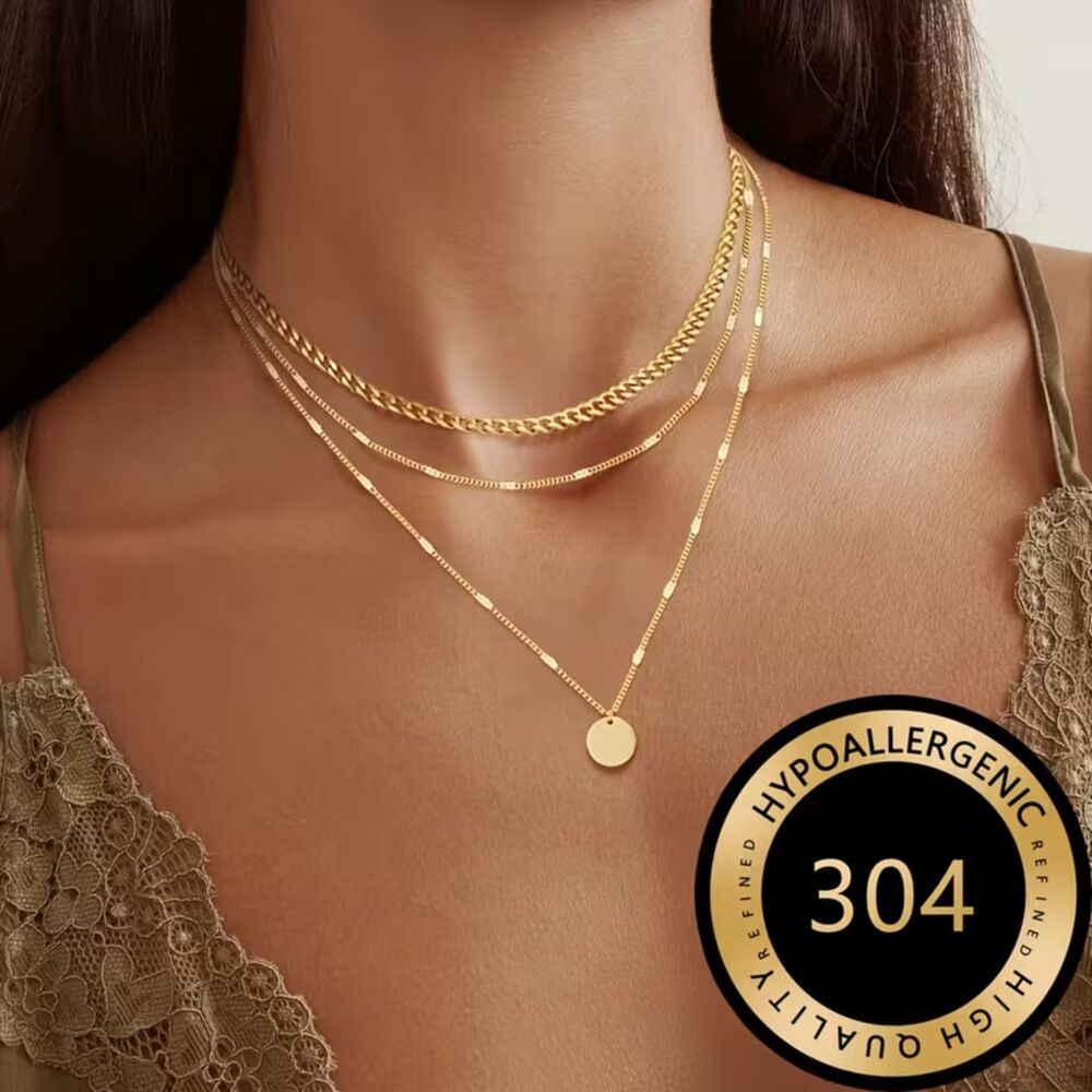 Triple Strand Gold Layer Necklace Adjustable Pendant Round Charm Choker Collar
